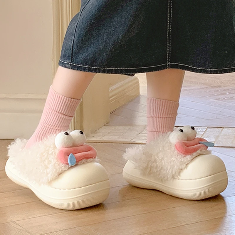 Funny Cartoon Plush Cotton Slippers Women Cute Indoor Keep Warm Non Slip Home Slippers Woman Thick Sole Closed Toe Fur Slides