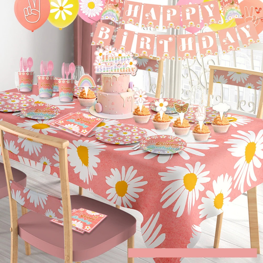 Daisy Party Supplies Pink Paper Tableware Cup Napinks Plate Daisy Flower Them Wedding Tablecloth Daisies Birthday Decoration Kit