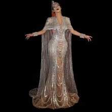 

Sparkly Silver Sequins Rhinestones Mesh Celebrate Evening Prom Gown Long Dress Birthday Outfit Singer Stage Wear Show Costume