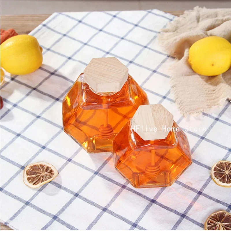Hexagonal Glass Honey Bottle Wooden Stirring Rod Honey Packaging Bottle 110/220/380ML Small Honey Bottle Container Jar 3