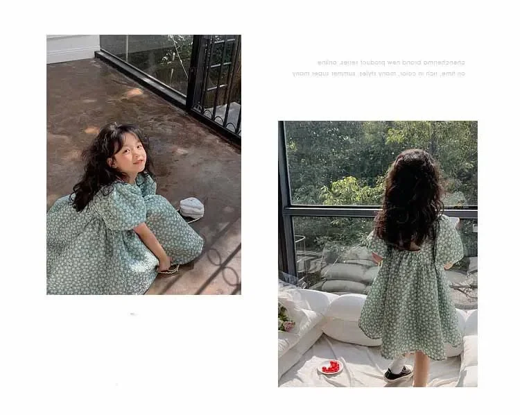 Mädchen Freizeit kleider Blumen druck Puff ärmel Kleid Blumen mädchen Kleider quadratischer Kragen Kleidung für Kinder 3 bis 7 Jahre – Detail 11
