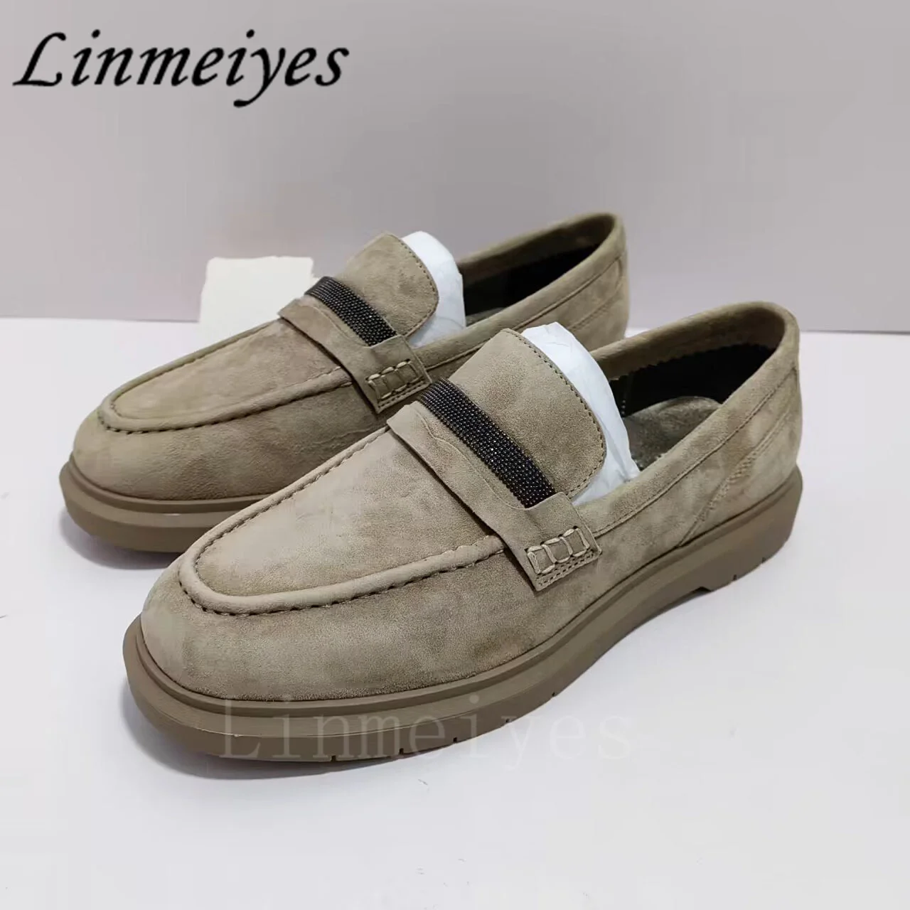 

New Kid Suede Flat Shoes Women Chain Decoration Slip-on Casual Walk Shoes Female High Quality Round Toe Comfort Loafers Woman