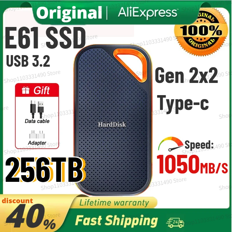 

256TB SSD E61 Portable External HD SSD USB 3.2 500GB 1TB 2TB 4TB Gen2 HDD Hard Drive Solid State Disk Speed 1050MB/s for PS5 PC