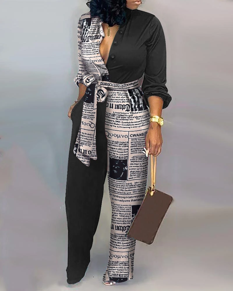 High Waist Spring Elegant Print Jumpsuits Wide Leg Pants Long Sleeve Fashion Newspaper Office Lady Fall One Piece Overall Women