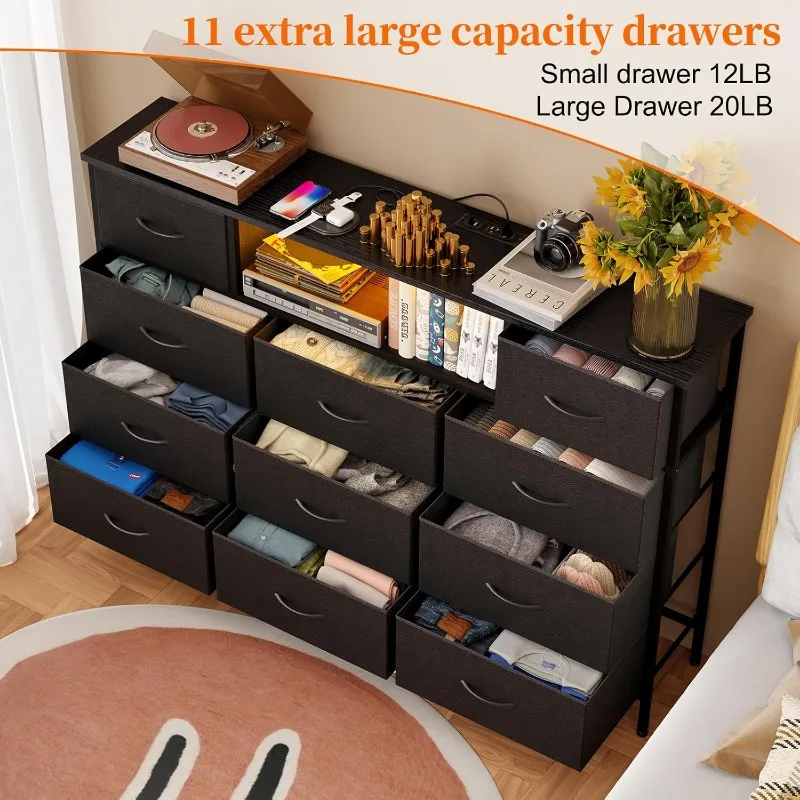 Long Dresser for Bedroom with Charging Station and LED Lights, Black Dresser TV Stand with