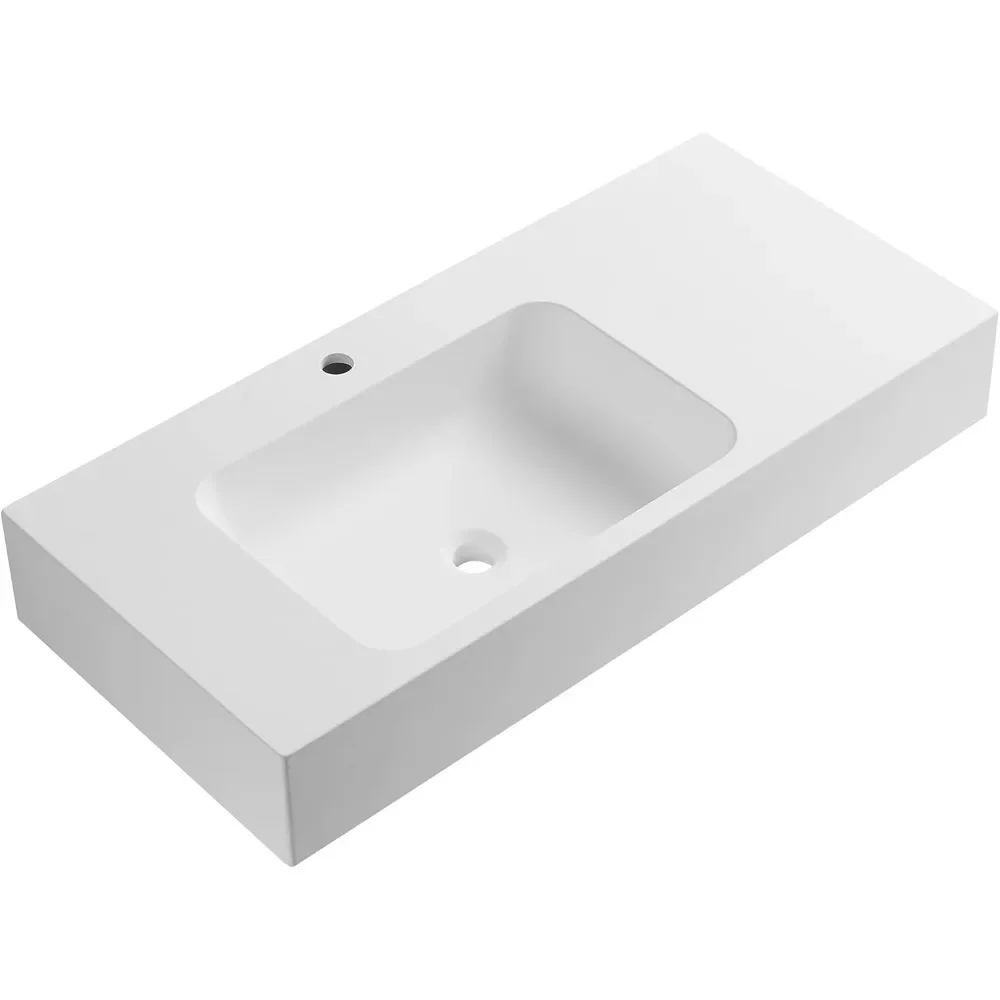 Bathroom Sink, Wall-Mount or On Countertop, 40" with Square Sink and Flat Space, Single Faucet Hole, Solid Surface 2
