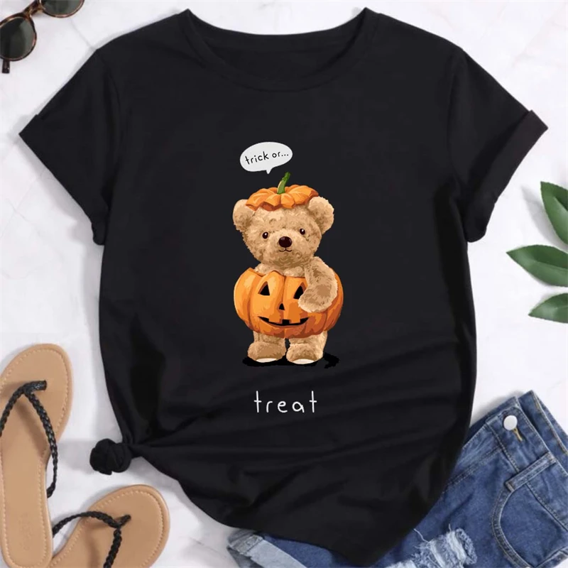 

Футболка с коротким рукавом с рисунком Женская милая Женская Модная стильная забавная повседневная одежда с принтом тыквы и медведя Футболка Топ