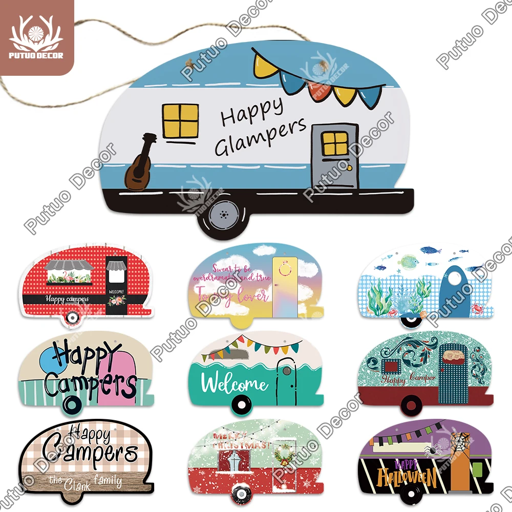 Putuo 장식 캠핑 모양의 사인 플레이트 나무 걸이식 사인 나무 플라크 아웃리 홈 글램핑, 캠핑 여행 벽 장식 선물 