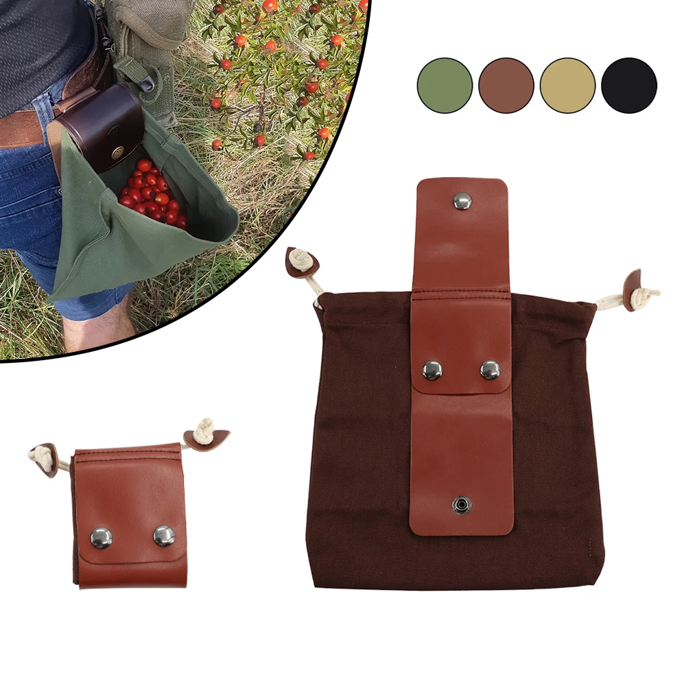 Bushcraft Foraging Pouch PU Leather Canvas Bag Hiking Camping Picnic Picking Bag Belts Storage Bags Outdoor Tools High Capacity