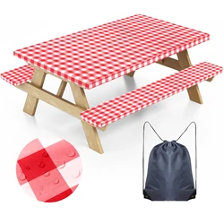Waterproof Windproof Elastic Edge Picnic Table and Bench Cover Set (Pink)
