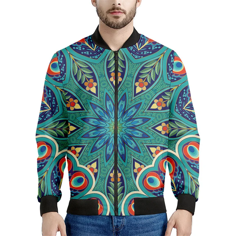 Chaqueta con cremallera y estampado de plumas de pavo real para hombre, chaqueta con cremallera y estampado floral en 3D, sudadera con capucha para primavera y otoño