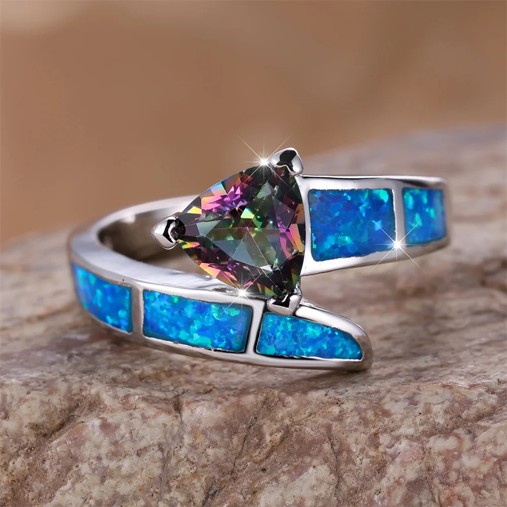 Mystic Rainbow Triangle CZ Stone Ring Blue Fire Opal Engagement Band Rings For Women Vintage Trendy Silver Color Wedding Jewelry