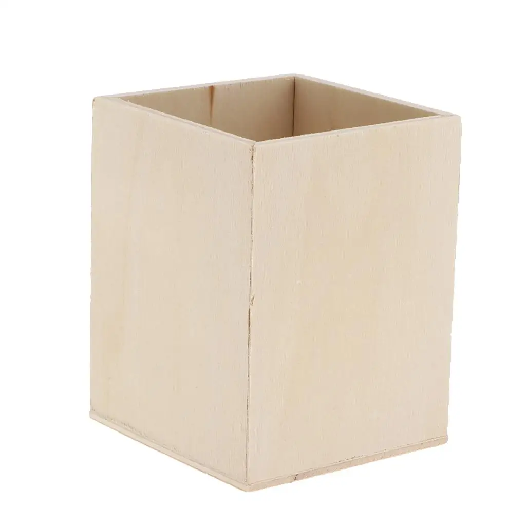 Square Unfinished Wood Pen Container Storage Box for Kids DIY Crafts 4