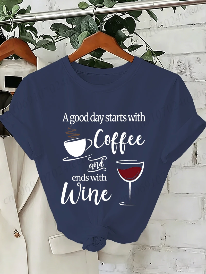 Women A Good Day Starts with Coffee and Wine Graphic T-shirt Casual Tee Streetwear Aesthetic Graphic Tops Girls Daily T-Shirts 5