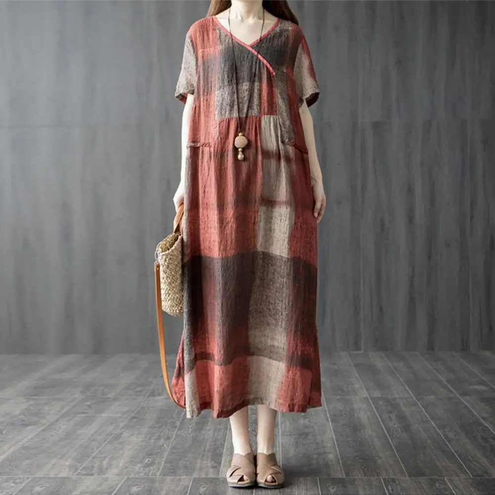 

Women Summer Dress Colorblock Loose Short Sleeves Dress Patchwork Pullover Thin Mid-calf Length Casual Midi Dress