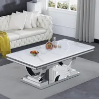 Modern Marble Coffee Table,Rectangular White and Silver with U-Shape Stainless Steel Base with Silver Mirrored Finish LivingRoom 2