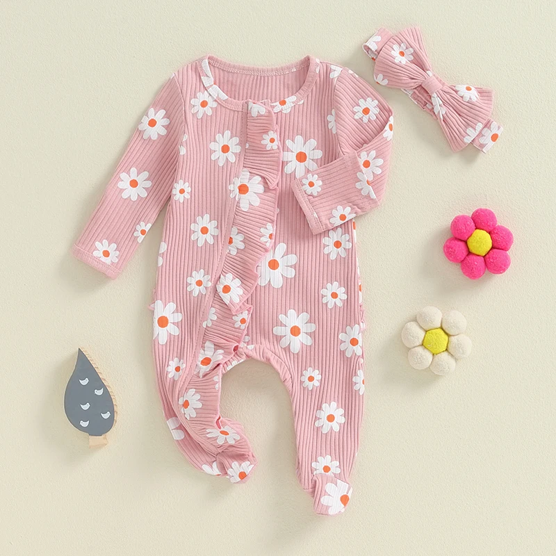Newborn Baby Girl Footies Ribbed knit Romper Daisy Print Long Sleeve Zip Up Ruffle Jumpsuit Bodysuit Fall Clothes