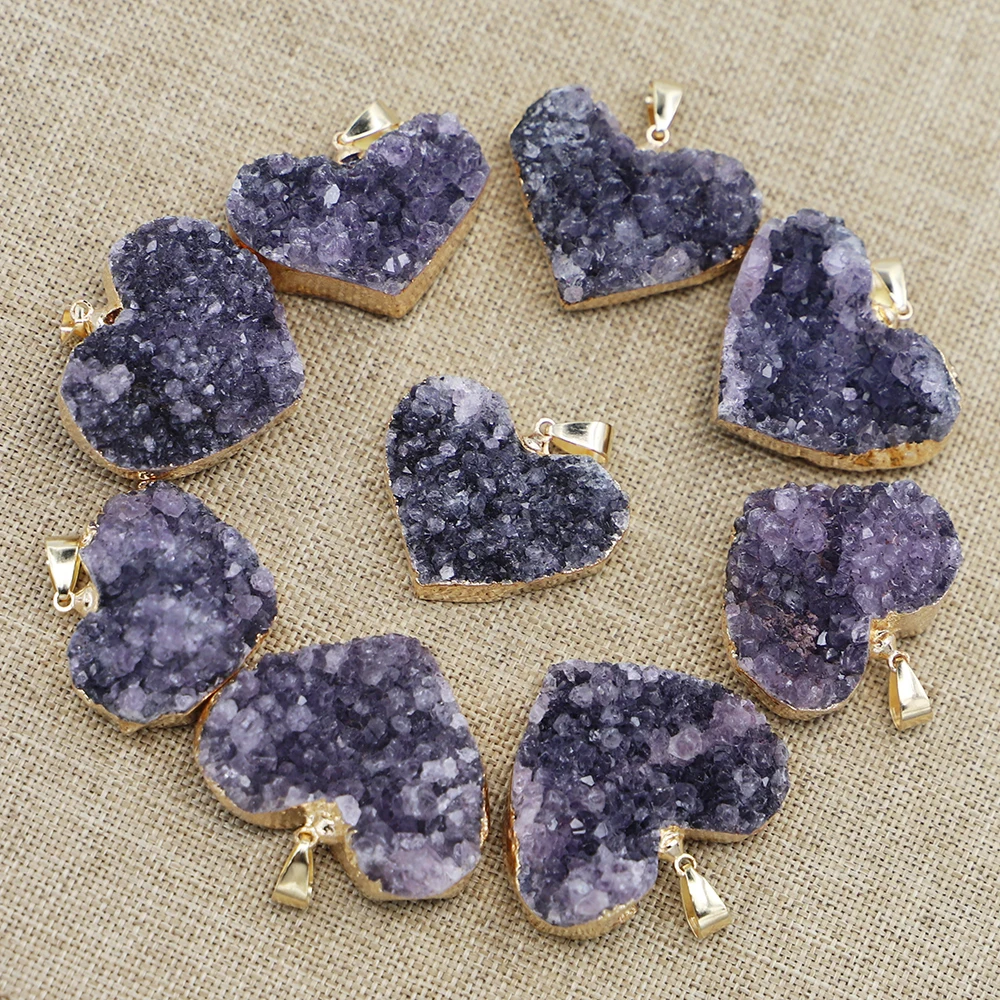 Natural Amethyst Cluster Stone Pendants Heart Raw Crystals Charms Necklace Healing Quartz  Mineral DIY Gift Jewelry Making 4Pcs