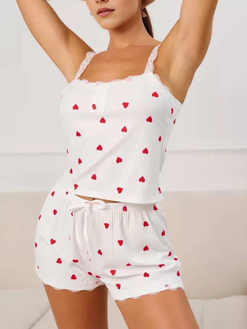 Marthaqiqi Casual Ladies Sleepwear 2 Piece Suit Lace Spaghetti Strap Pajama Tank Tops Nightwear Shorts Summer Female Nightie Set