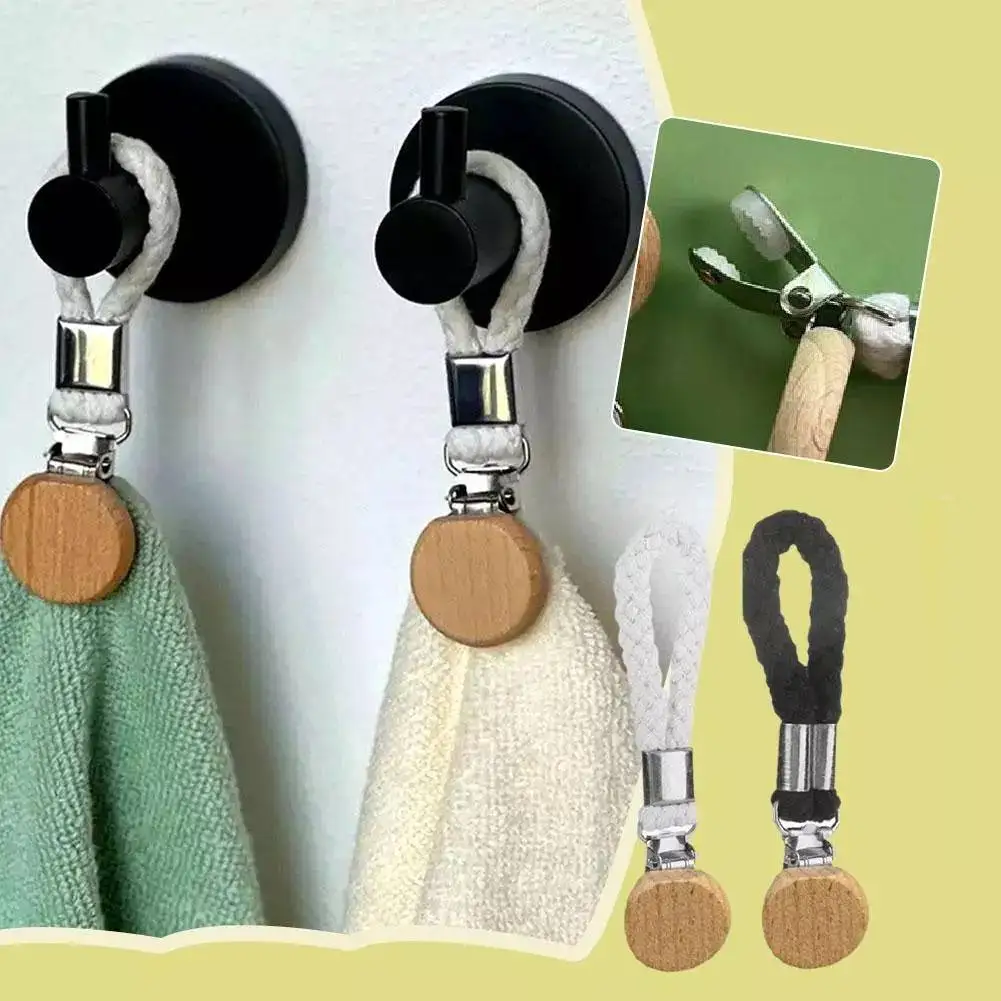 2pcs Towel Hook Holder Braided Cotton Loop Towel Hangers Rack Wooden Decor Hangers Rack Tea Towel Holders for Kitchen Bathroom 2