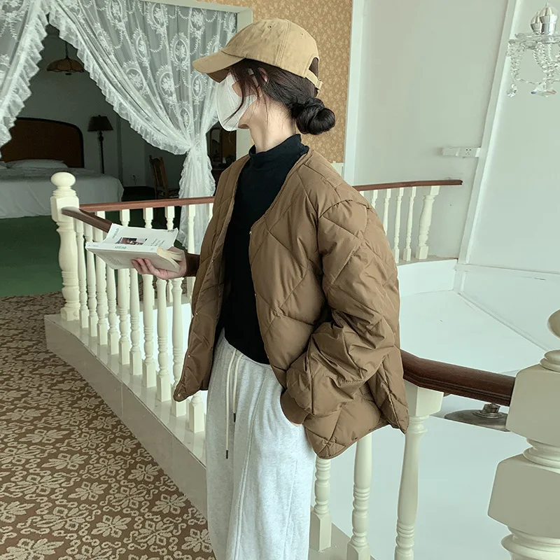 Women's Spring and Autumn New Down Cotton Suit Women's Short Lightweight Collarless Japanese Diamond Plaid Casual Jacket