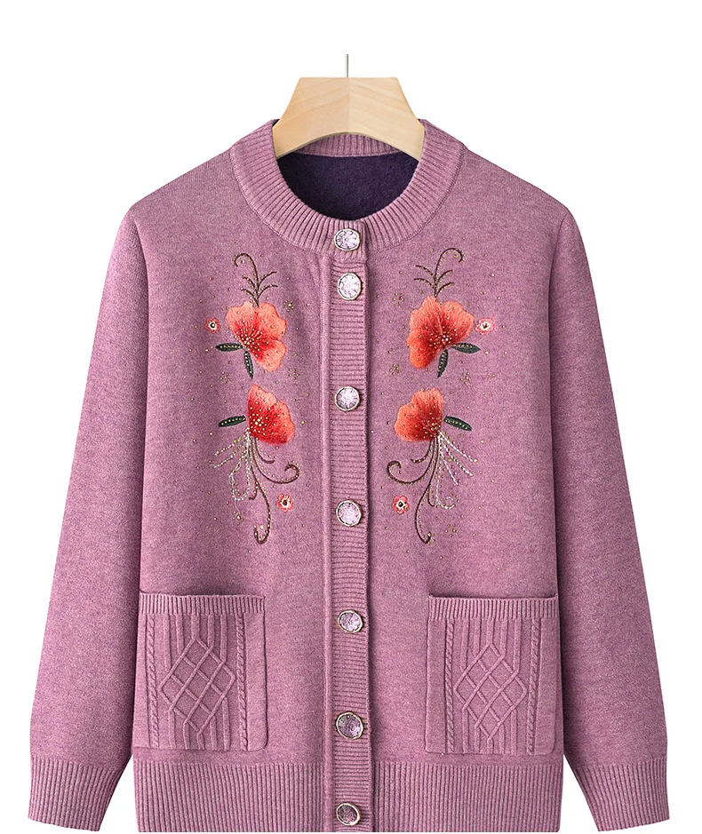 XL-4XL Pullover Frauen gedruckt hinzufügen Samt Winter Strickjacke Mantel mittleren Alters Mutter Strickjacke warme Oma Strickwaren Tops – Detail 6