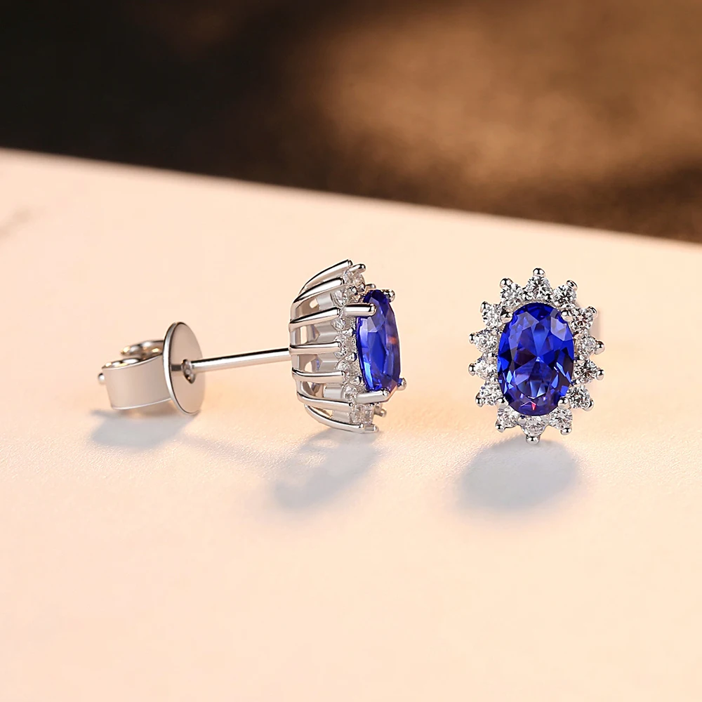 Orecchini in zaffiro blu di forma ovale Orecchini in argento con pietre sintetiche Diana Princess da sposa eleganti_voghion.com