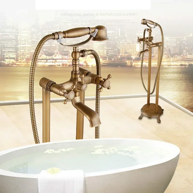 Bathroom Bathtub Faucets Floor Stand Telephone Shower Faucets Double Hands Brass Antique Bronze Bathroom Shower Faucet Set 2
