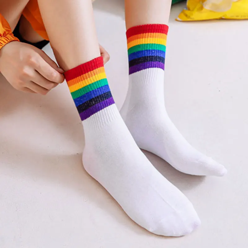 

Cotton Rainbow Stripes Unisex Socks Colorful Funny Streetwear Mid Tube Black White Socks Elastic Harajuku Casual Tide Socks