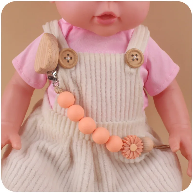 Baby Carve Name Daisy Rainbow Silicone Wooden Ring Pacifier Clip Crown Teething Chain For Children Gift