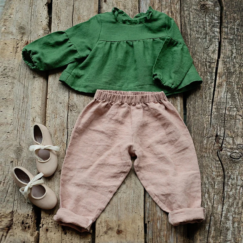 Mori Cotton Linen Pants   Anywear Unisex Boys And Girls Retro Straight Summer Elastic Waist Loose fit Casual Pant with Pocket Children's Trousers in Green Dusty Pink