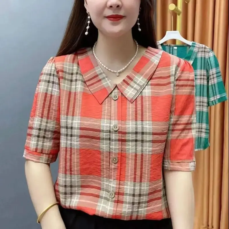 

Elegant Peter Pan Collar Button All-match Lattice Blouse Women Clothing 2023 Summer New Oversized Casual Pullovers Korean Shirt