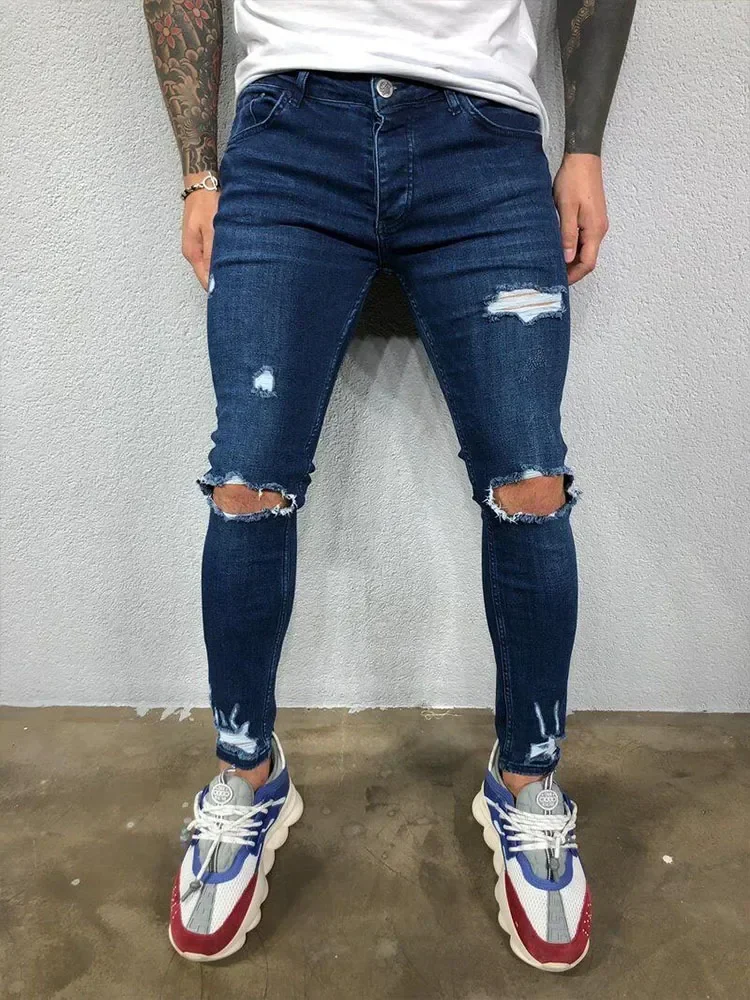 Fashion Street Style Knee Ripped Skinny Jeans Men Vintage Wash Solid Denim Trouser Mens Casual Slim Jogging Pants Men Clothes