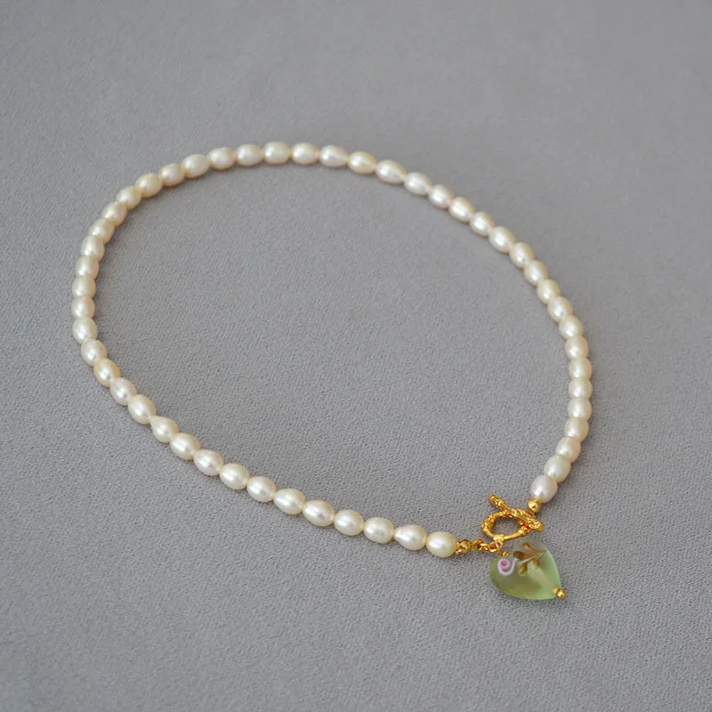 Freshwater Pearl Choker Arabesque Branch Hand-painted Flower Elegant Glass Love Heart Vintage OT Necklace