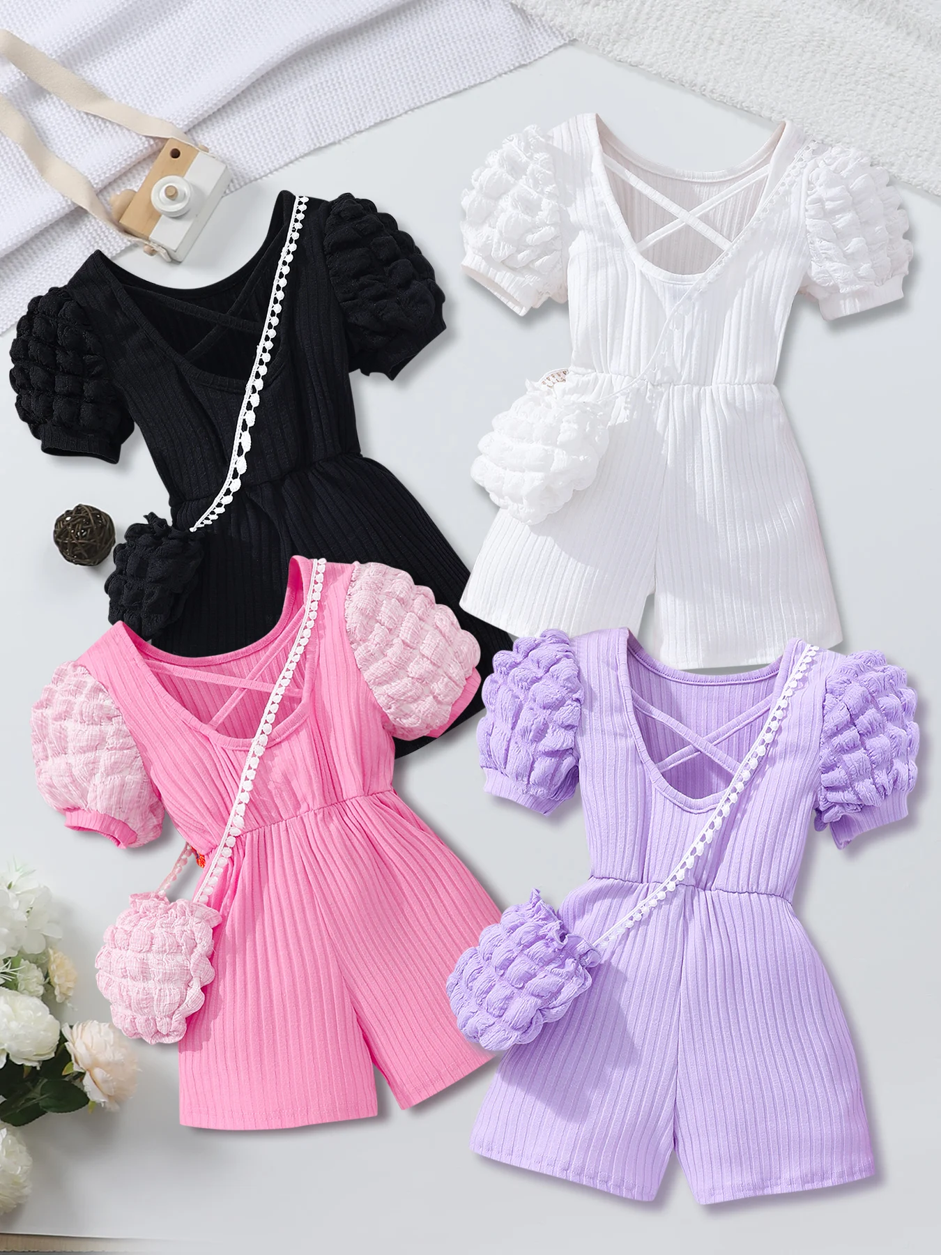 Girls’ Bubble Sleeve Jumpsuit with Bag 2