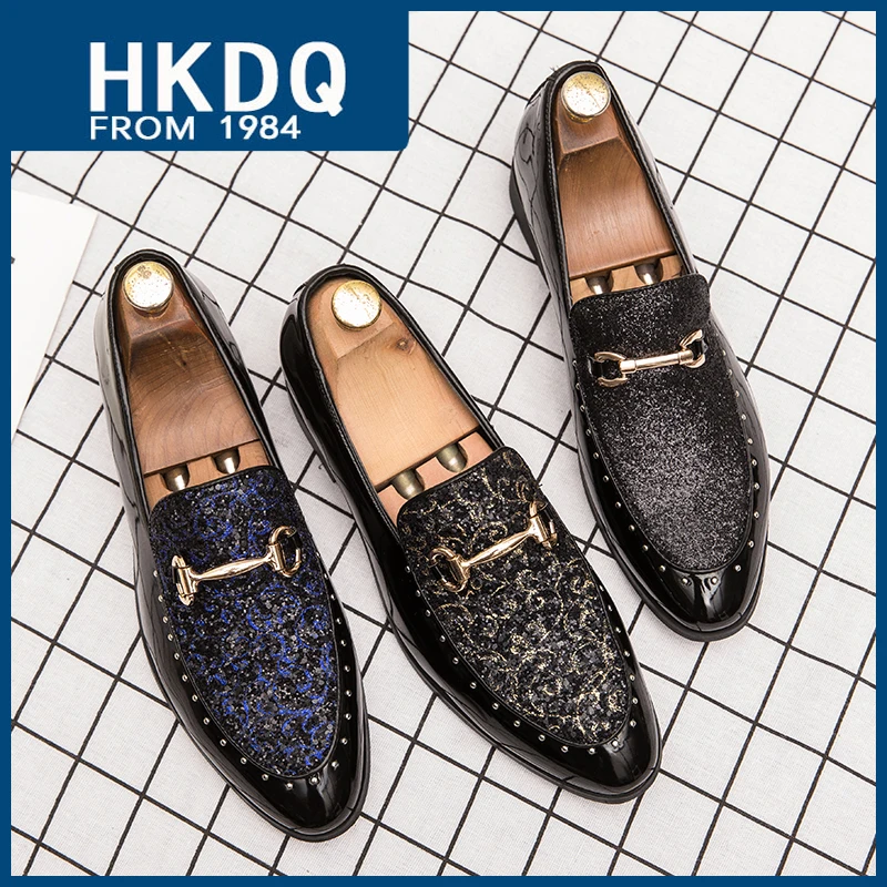

HKDQ Luxury Gold Paillette Leather Dress Shoes Men Elegant Pointed Slip-on Men's Social Loafers Fashion Comfort Party Shoes Man