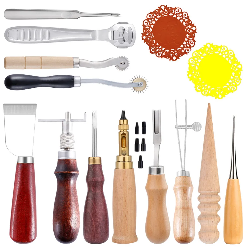 

IMZAY 14Pcs Leathercraft Tool Kit With Wooden Handle Leather Knife Punching Needle DIY Leather Stitching Tool Steel Groover