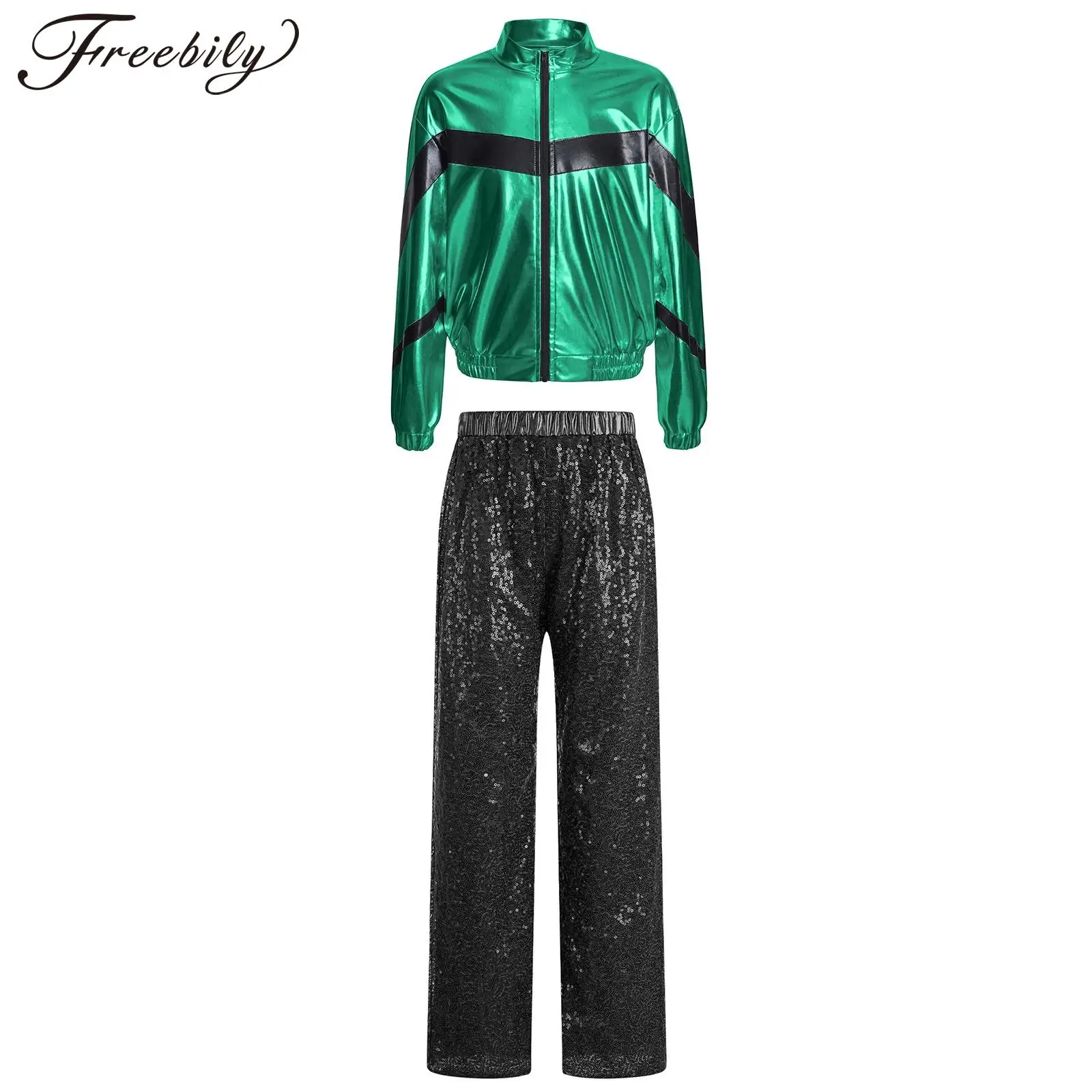 

Kids Girls Bomber Metallic Jacket Zipper Long Sleeve Coat Outwear with Sequin Pants for Latin Jazz Dance Party Stage Performance