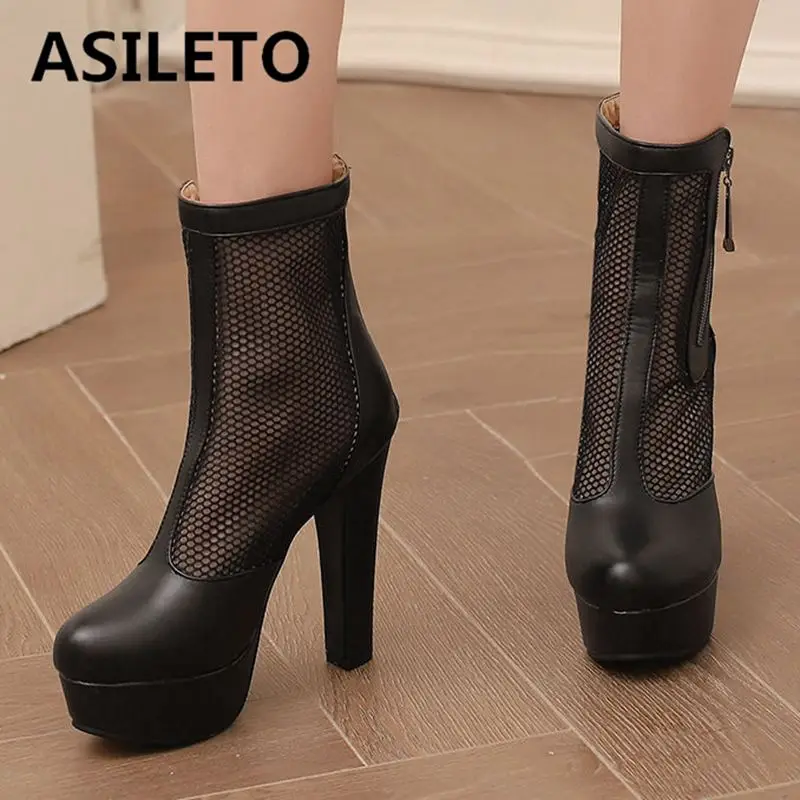 

ASILETO Summer Boots for Women Round Toe Ultrahigh Heel 11.5cm Platform 2.5cm Zipper Breathable Mesh 48 49 50 Sexy Dating Bota