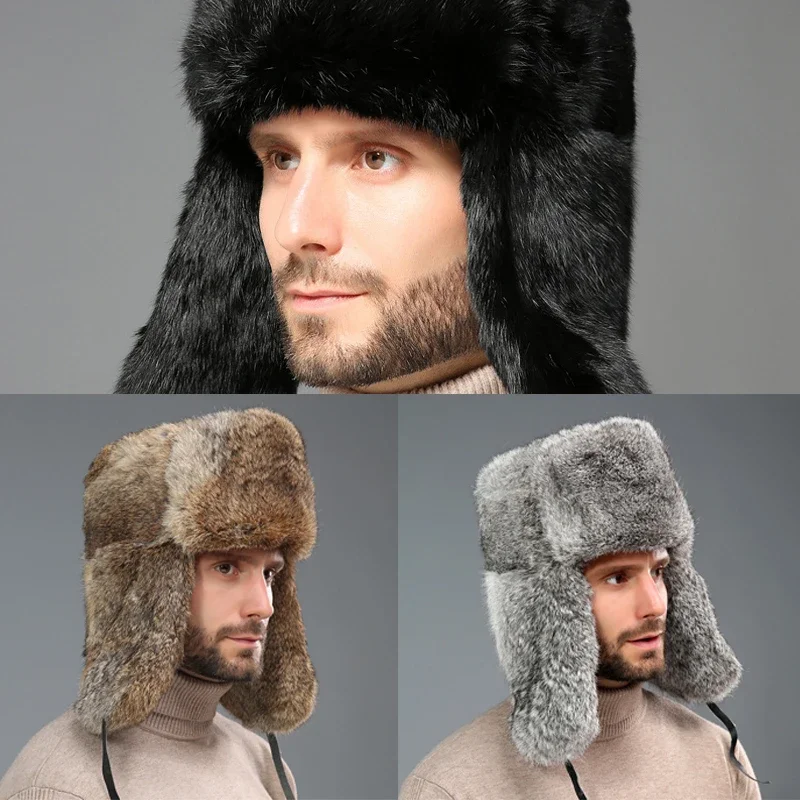 

2023 New Thick Warm Bomber Hat Luxary Men Windproof Faux Rabbit Fur Trapper Russian Cap Male Winter Hats for Men Ski Outdoors