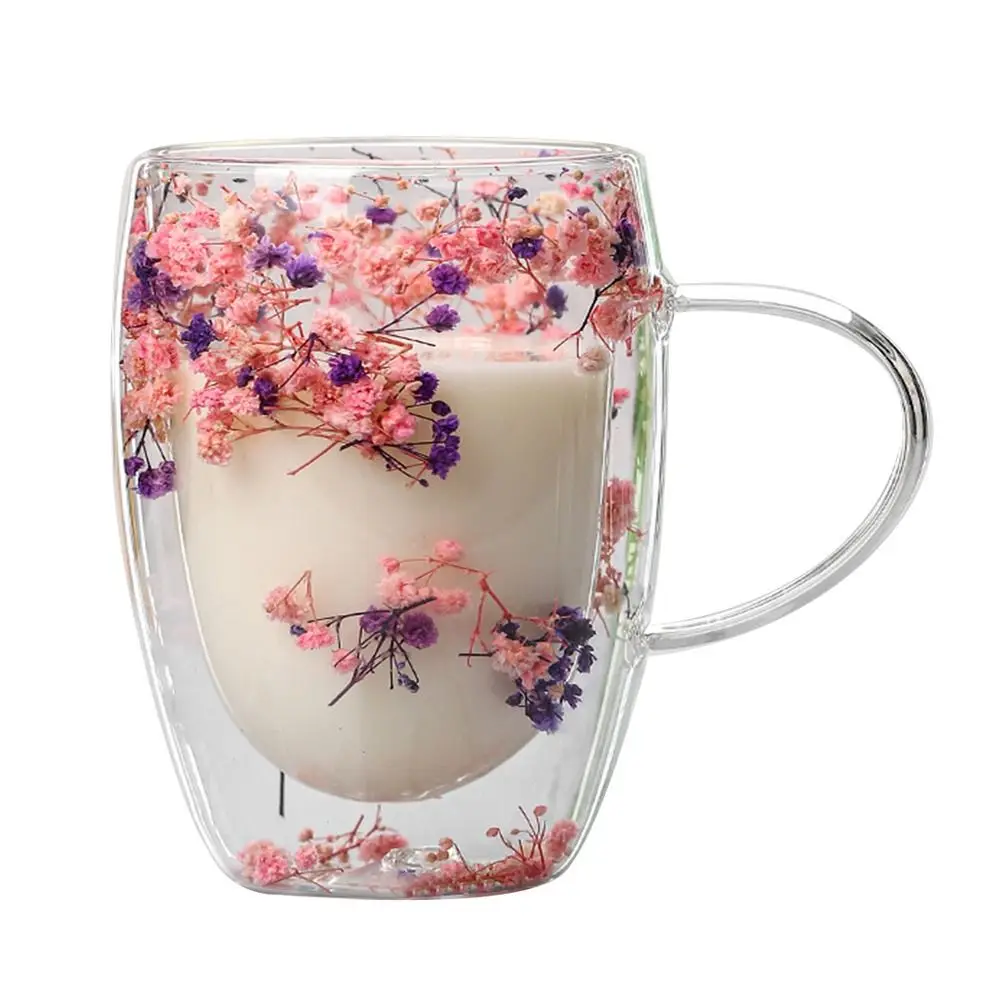 350ml Dried Flower Double Walled Glass Mug Cup Coffee Mug with Dry Flowers Decorative Creative Flower Mug Double Wall Flower Cup