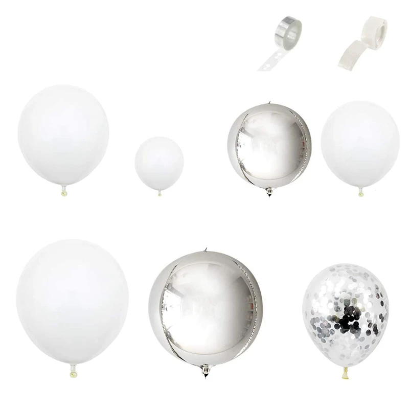 

White Silver Balloon Garland Arch Kit-125 Pieces Maca White Silver Confetti Balloons And Silver Balloons