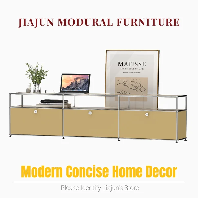 Modern Modular Low TV Cabinet｜3-Tier Sideboard with Drop Doors｜Steel Frame Storage Bench Unit | Minimalist Low Media Console