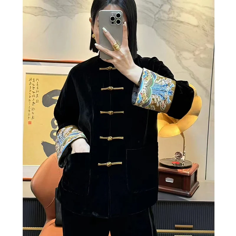 Autumn New Small Stand Collar Color Single breasted Retro Chinese Style Embroidered Cuffs Silk + Velvet Jacket for Women S-XXL