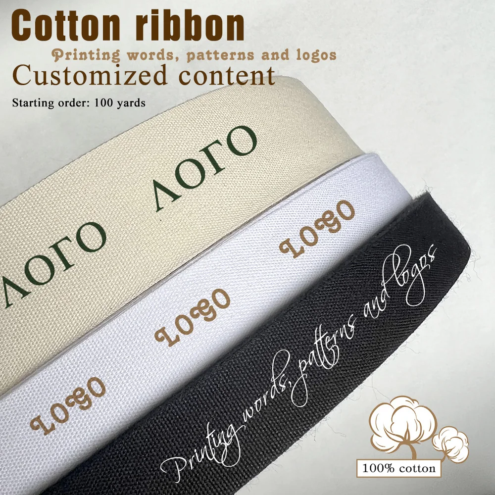 

10mm-50mm Custom Cotton Ribbon Print Logo Handmade For Wedding Christmas Decoration DIY Sewing Fabric 100 Yards/Roll