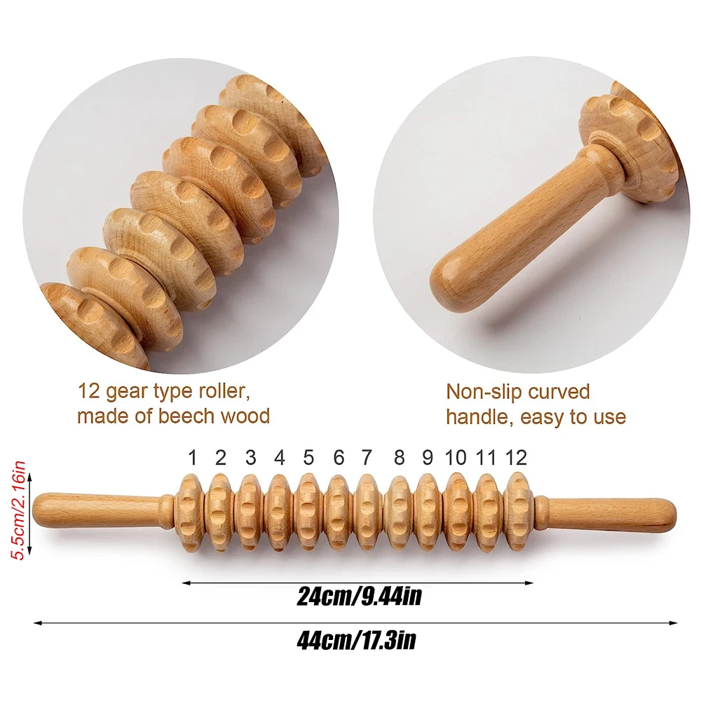 Wood Therapy Roller Massage Tools,Lymphatic Drainage Massager,Wooden Massage & Muscle Roller Stick,(12 Straight) 2