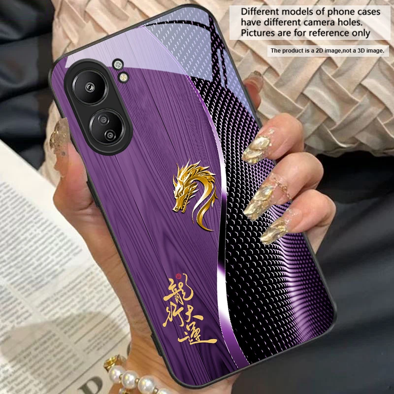 Elegant Black Tempered Glass Phone Case with Traditional Dragon Totem Design