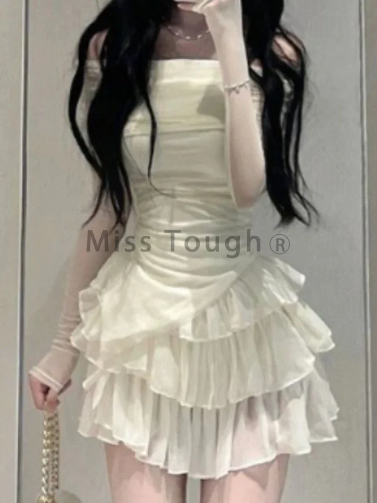 Frence Fairy Two Pieces Set Women Slash Neck Elegant Slim Party Skirt Suit Female Korean Sexy Tops + Sweet Cake Skirts 2024 New