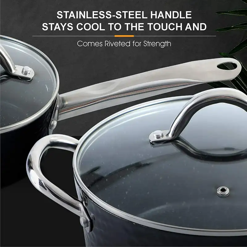 15 Piece Nonstick Kitchen Cookware Sets - Granite Hammered Pots and Pans Set,  Induction & Dishwasher Safe (Black) - AliExpress