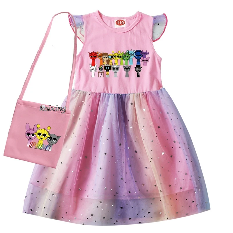 Kids New Girls Dress Sprunki Cartoon Print Kids Clothing Princess Dresses +Bag Flying Sleeve Party Costume Best Gift